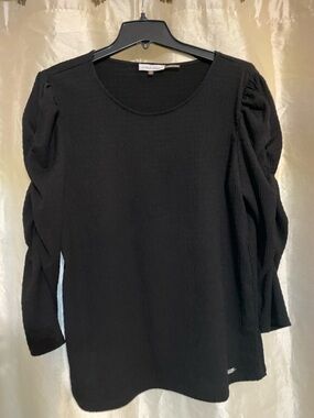 Calvin Klein Black Puff-Sleeve Long Sleeve Ribbed Top